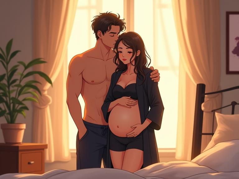 Romantic anime-style illustration of a loving couple in a softly lit bedroom. Man gently embraces woman from behind and kisses her head. Woman stands in front of a mirror holding her baby bump with a serene expression. Woman wears silky black robe and shorts. Man is shirtless. Warm and intimate atmosphere with soft lighting. Cozy and peaceful background. Detailed, colorful anime style with Studio Ghibli-like aesthetics.