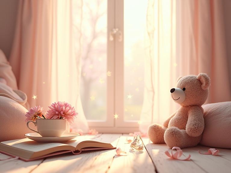 Children's room inspired by fairy tales. Light wooden floor. Floating ribbons around. Pastel flowers in teacups. Smiling teddy bear next to small glass slipper and storybook. Gentle sparkles hover in the air. Warm light from sheer curtains. Image ratio 16:9.