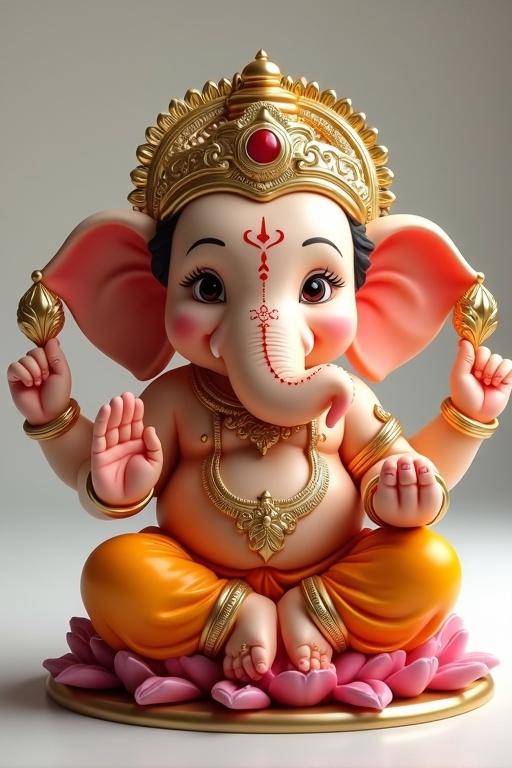 Cute Lord Ganesh statue with a friendly expression. Features include large ears, ornate crown, and positioned hands. Base surrounded by lotus petals and detailed craftsmanship.