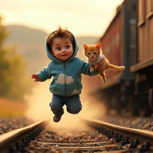 Dramatic countryside railway scene with motion blur. Baby boy with fair skin mid-jump holding orange kitten. Large train speeds by in background, slightly blurred. Dust and debris fly. Golden hour lighting with trees and hills. Semi-realistic Pixar-inspired style.
