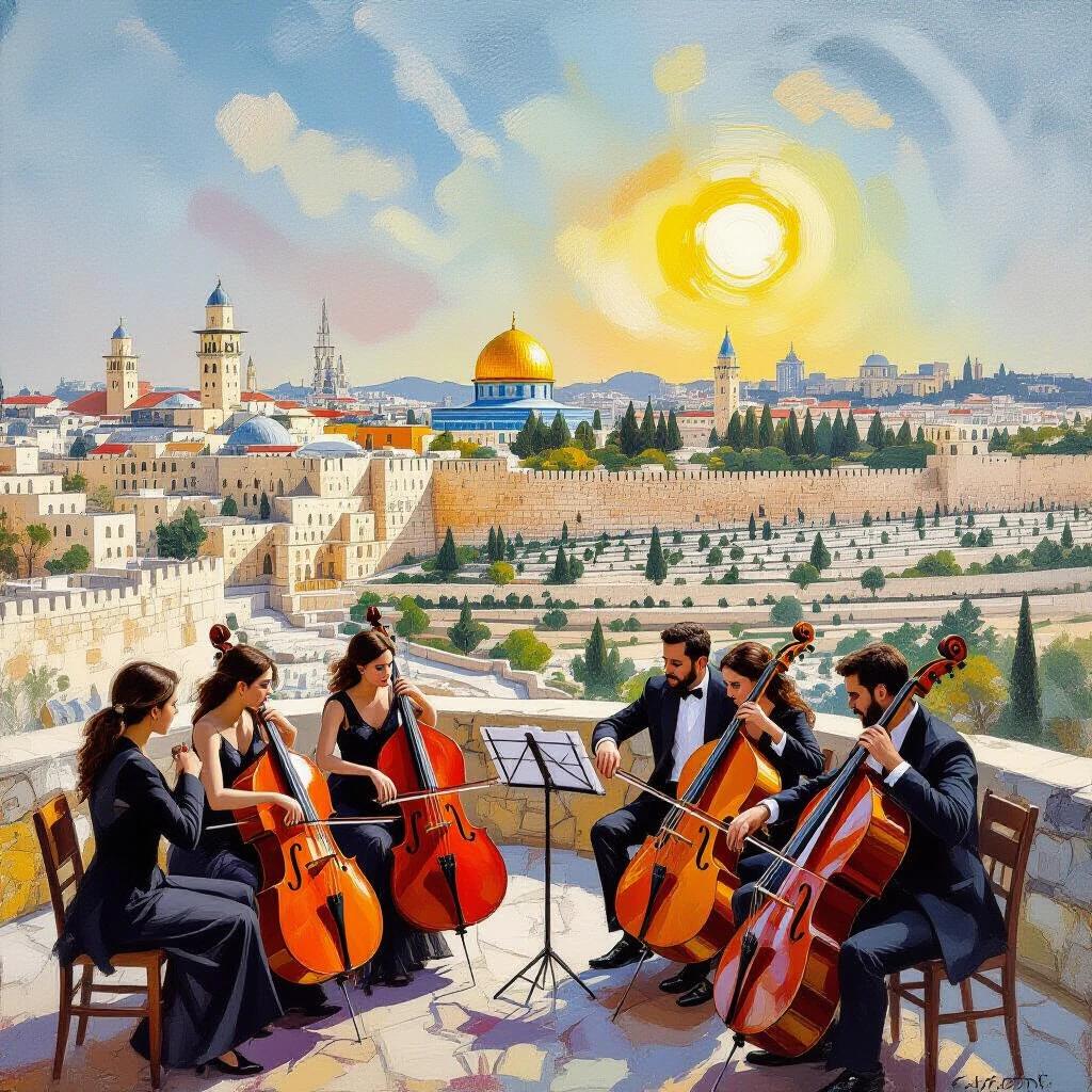 Six musicians playing cello in a Jerusalem landscape inspired by Dalí. Vibrant sunset illuminates the scene with a backdrop of historic architecture.