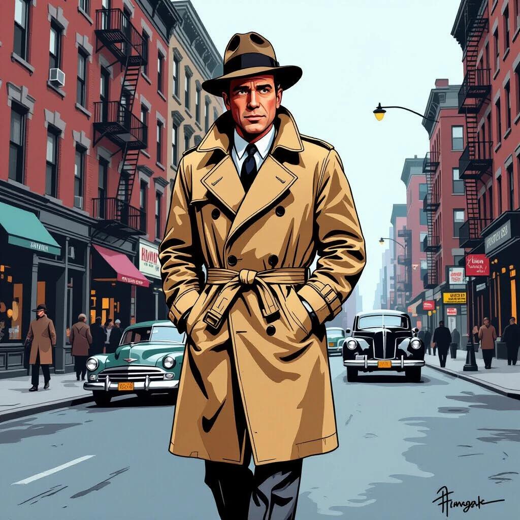 A figure in a trench coat walks on a New York street. The style is comic-like with bold outlines and photorealistic colors. A vintage car is parked nearby. Buildings with red facades line the road.