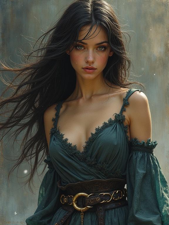 Drawing of a beautiful woman with flowing hair wearing a dark green dress. The background is textured and muted. The image is influenced by fantasy themes.