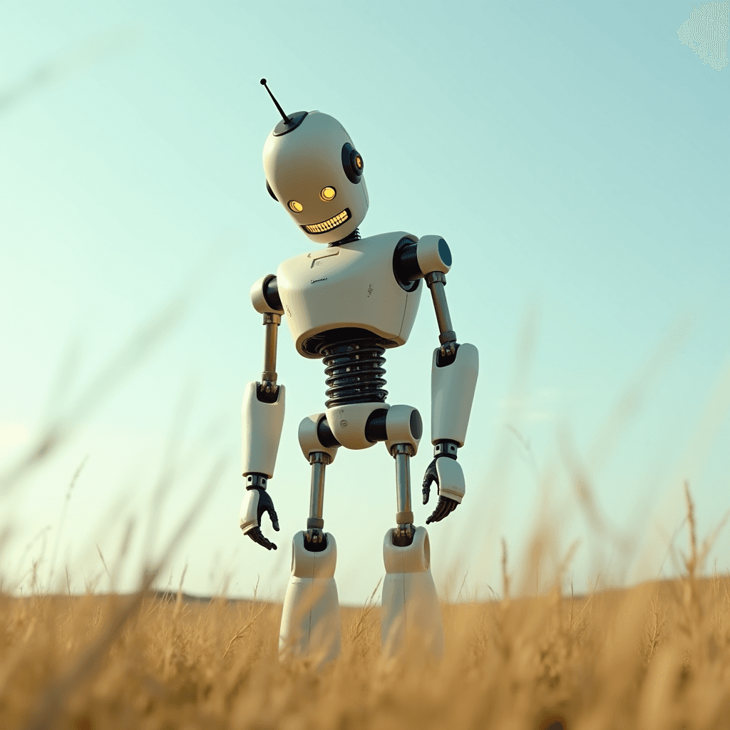 A retro-styled robot with an antenna gazing curiously, set against a golden field under a clear sky.