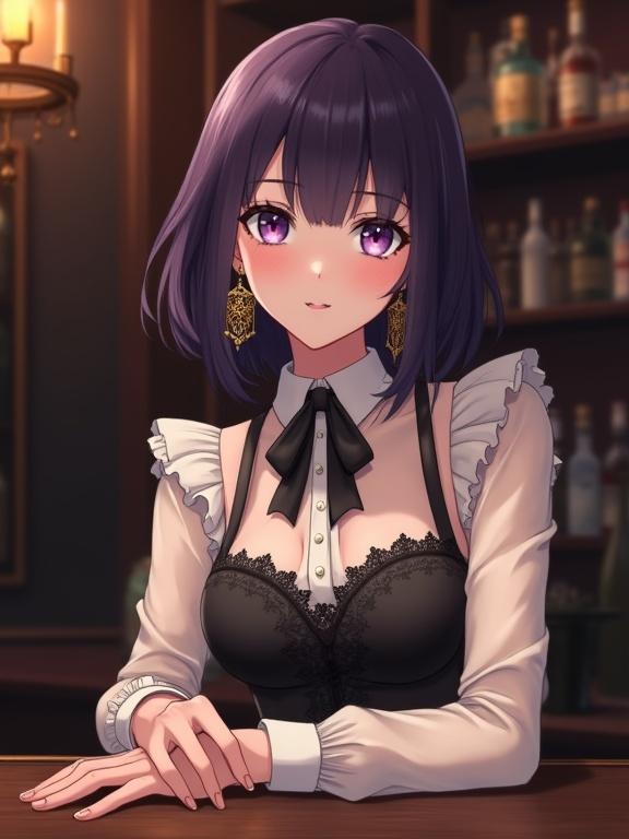 A stunning anime lady with dark violet hair sitting at a bar counter with sharp facial features and a calm expression. She wears an off-shoulder white shirt layered under a dark bodice. The bodice has intricate lace detailing. A black bow adorns her neckline. Elegant dangling earrings in antique gold accent her look. The setting is a dimly lit polished wooden bar.