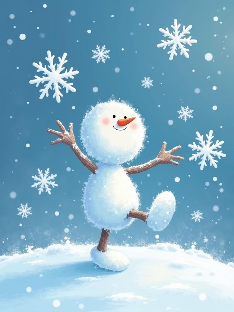 A cheerful snowman with arms spread wide stands on a snowy hill. Snowflakes fall around him. The snowman has a big smile and a carrot nose. The background is a light blue winter sky. The scene is playful and festive.