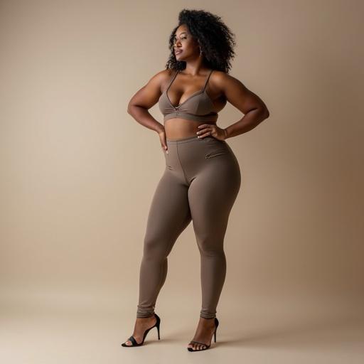 Model poses in fitted clothing. Subject has a large bust and slim waist. Background is neutral and soft. Outfit is simple and stylish.