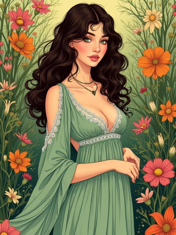 Illustration depicts a graceful woman in a flowing seaweed green dress surrounded by vibrant flowers. The woman has dark brown wavy hair and a gentle build. She stands in a lush garden with a direct gaze. The image utilizes soft warm light to enhance details. Dainty hands are elegantly posed with five fingers visible.