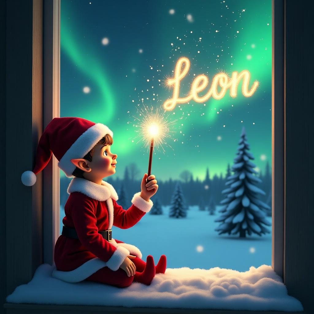 An adorable elf sits on a window ledge. The elf has a magical wand creating twinkling sparks. The background features stunning northern lights and snow-covered pine trees. The elf wears a vibrant red outfit. The scene captures a festive holiday atmosphere.