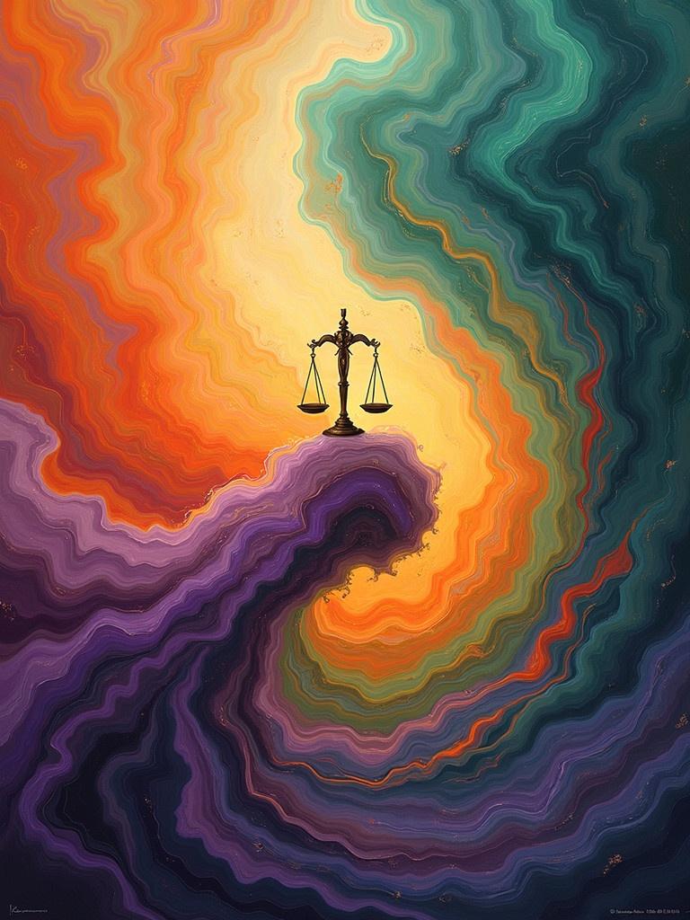 Image features a scale of justice surrounded by swirling patterns of orange, purple, and green.