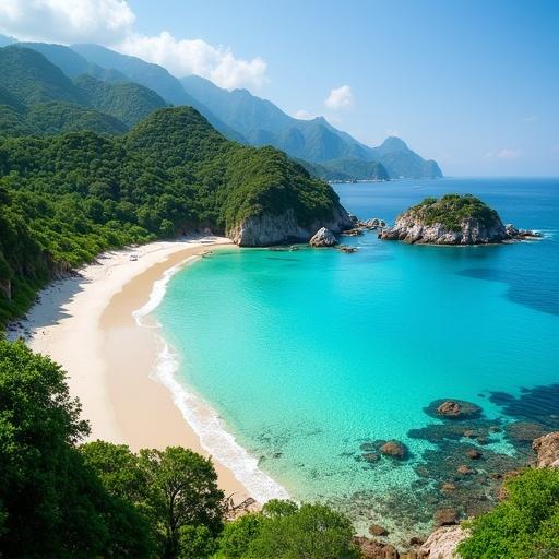 Beautiful beach with clear turquoise waters surrounded by lush greenery and mountains.