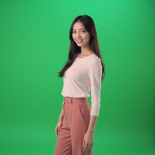 Young woman stands confidently in front of the camera with a smile. She delivers her lines like a professional TV host. Clean room with a green background mimics a photoshoot studio.