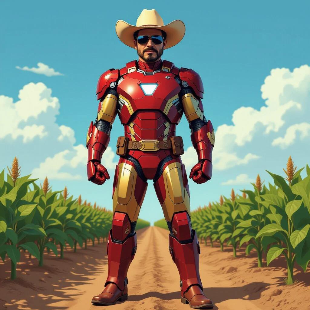Digital illustration of Iron Man as a Brazilian farmer. Full-body armor features red and gold colors. Rural elements included. He wears leather boots and plaid shirt texture. Brown cowboy belt and gloves present. Straw hat over helmet. Sunglasses on face. Confident pose in soybean field with blue sky and dirt road. Bright and colorful style. Vertical format.