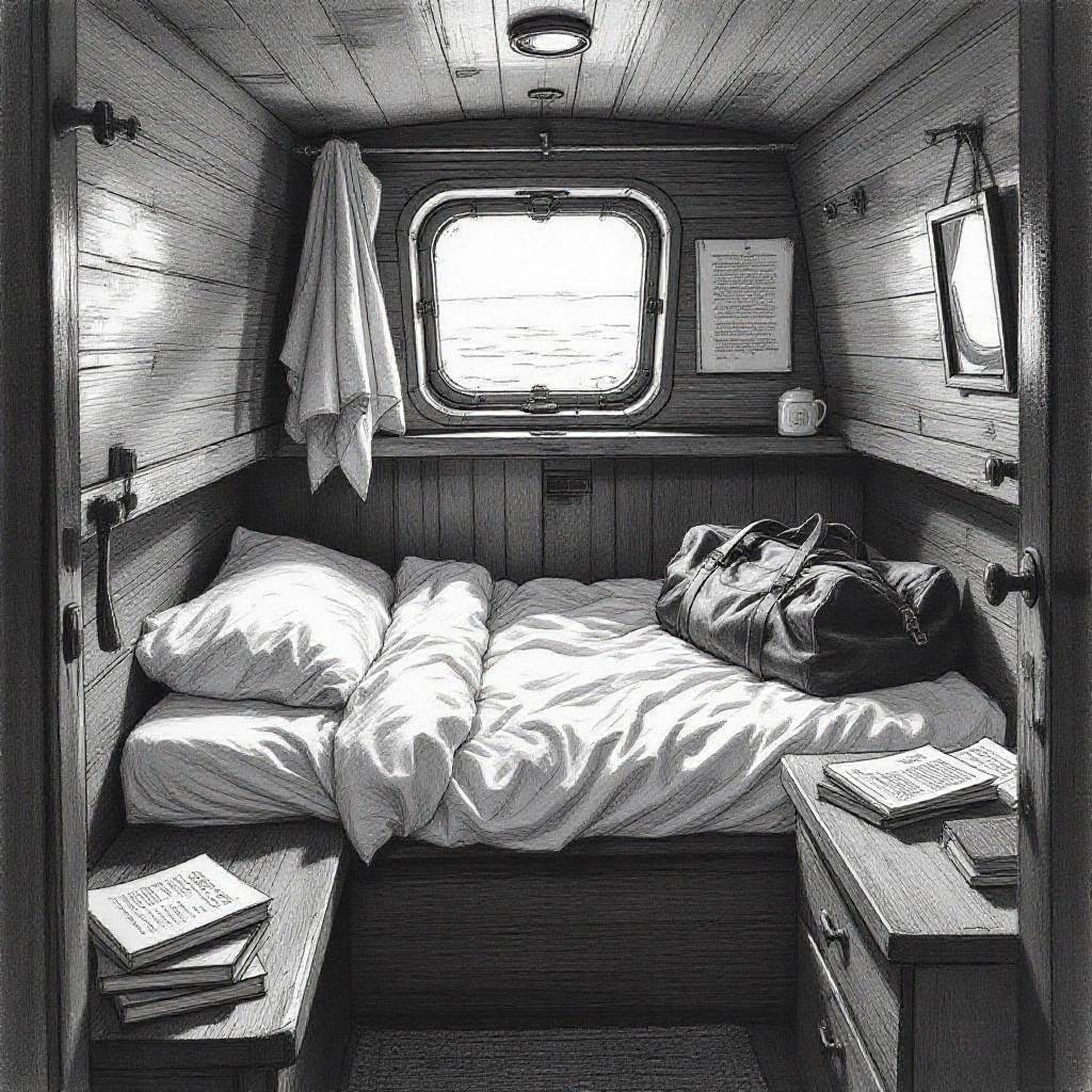Detailed pencil sketch of a ferry cabin interior. Softly lit from a porthole. Unmade bed with wrinkled sheets. Worn duffel bag on bench. Books and notebook on narrow desk. Towel hanging from a hook. Modest mirror reflecting dim light. Narrow but tidy room with shadows. Graphite style texture. Quiet and intimate mood.