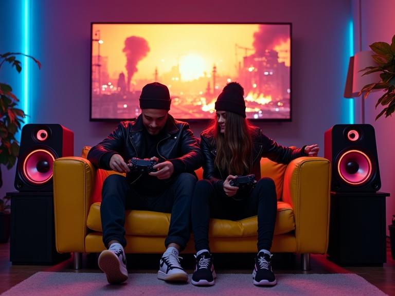 A muscular man and a beautiful woman sit back on a neon yellow couch in a cyberpunk themed gaming room. They play video games on a PlayStation 5, surrounded by high-tech gadgets and neon lights. The background shows a burning cityscape, and large speakers add to the ambiance.
