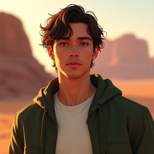 Digital portrait of a young man with wavy brown hair. He wears a dark green jacket over a white t-shirt. The setting is outdoors in a desert-like environment. Red rock formations are in the background. The lighting is soft and warm. The atmosphere suggests either sunrise or sunset. Realistic art style features smooth shading and detailed textures.
