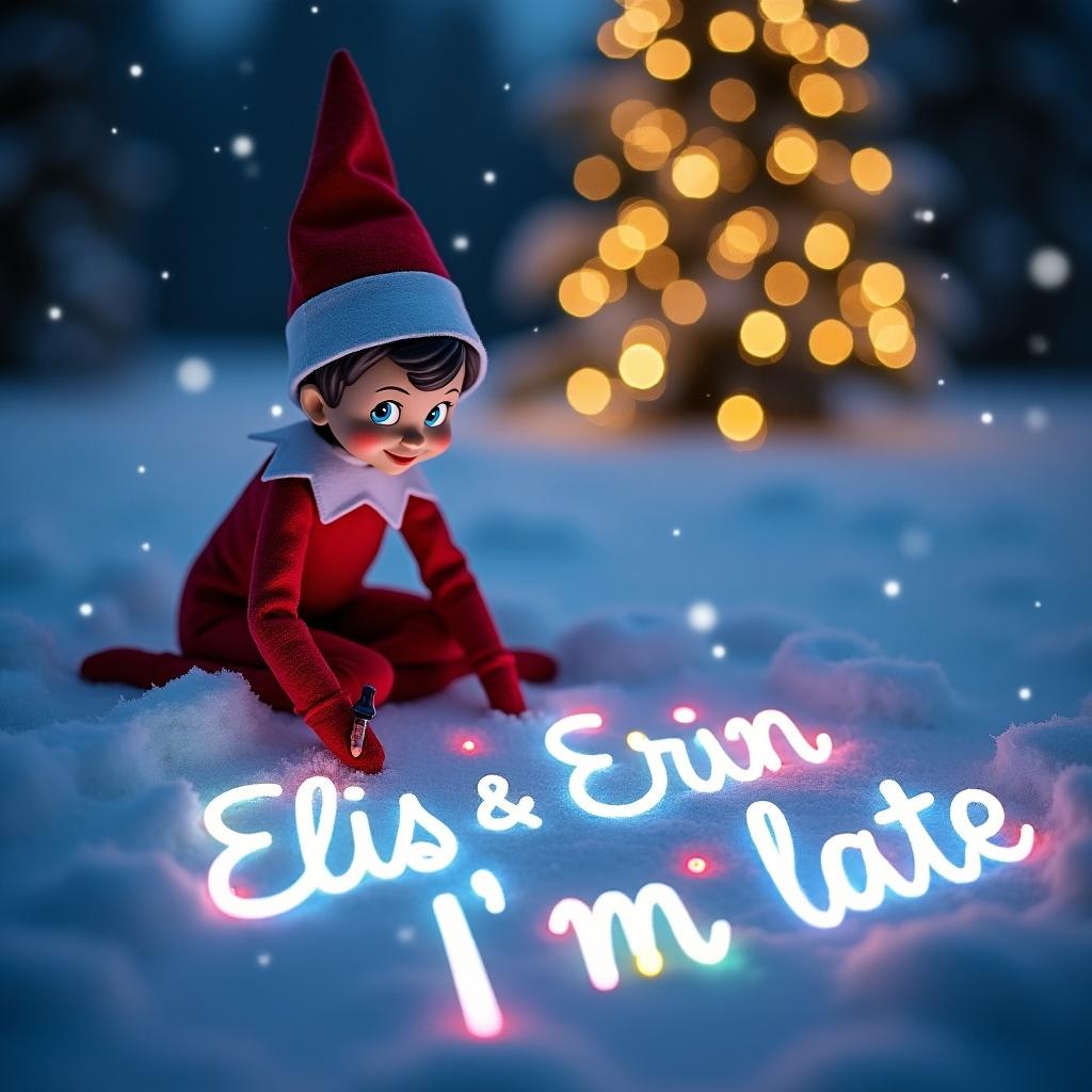 A snowy landscape with an Elf on the Shelf writing in the snow. The Elf is cheerful, in a red outfit, pointed hat, and creates the words 'Elis & Erin: Sorry I’m late'. Magical lights illuminate the writing. The background has twinkling lights resembling a festive Christmas tree.