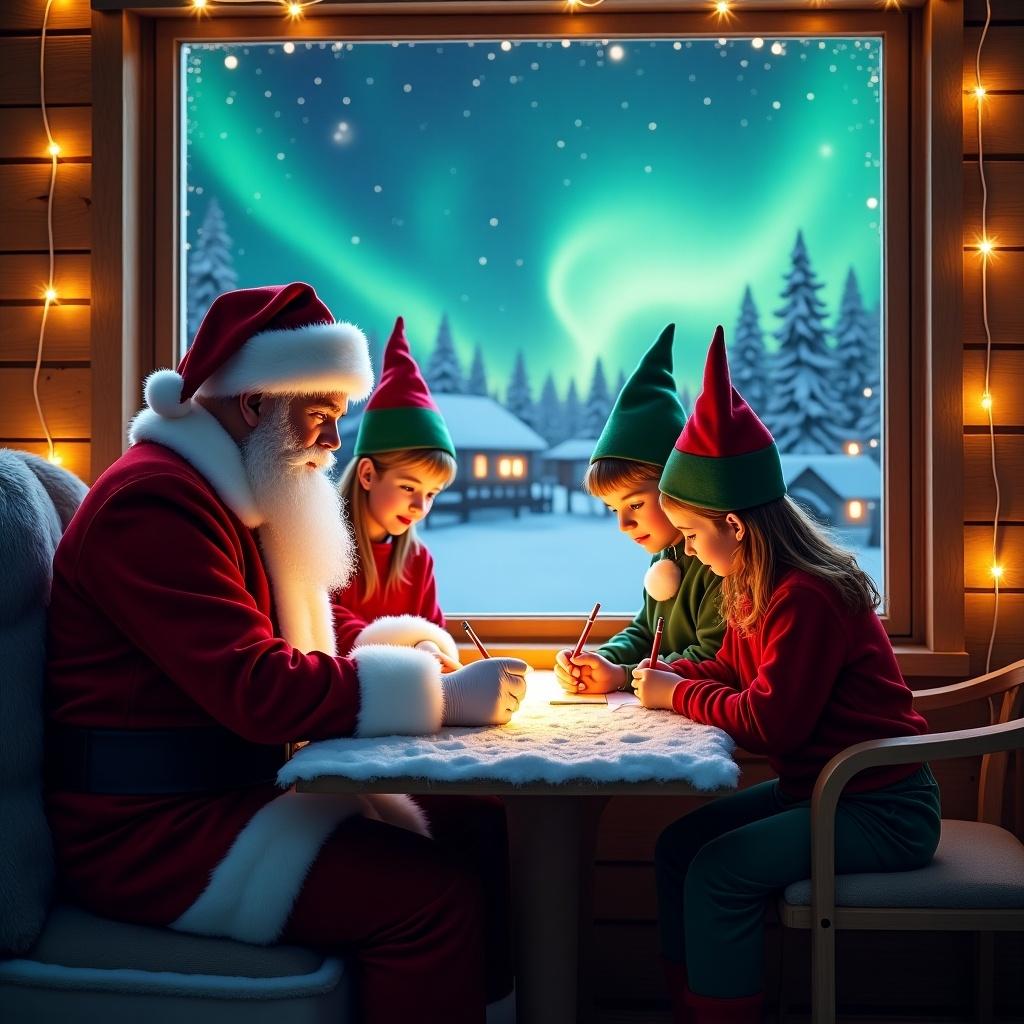 Warm festive scene showcasing Santa and two elves writing together at a window. Northern lights illuminate the winter sky outside, creating a magical atmosphere. Emphasis on holiday spirit and preparations for Christmas.