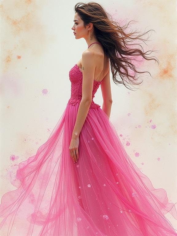 Woman wearing a pink dress. The dress flows gracefully. The background features cosmic elements. The image has a whimsical and ethereal feel. It combines watercolor and ink sketch styles. The composition has sacred geometry elements.