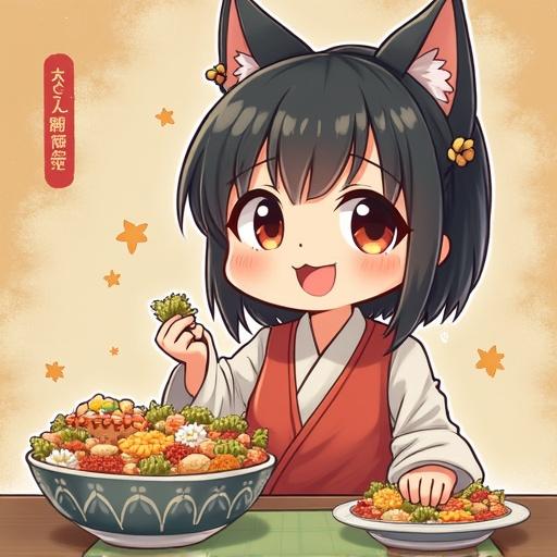 A cute anime character with animal ears enjoys a colorful bowl of food. Bright and cheerful atmosphere, playful design and warm colors. Charming scene depicting joy in dining.