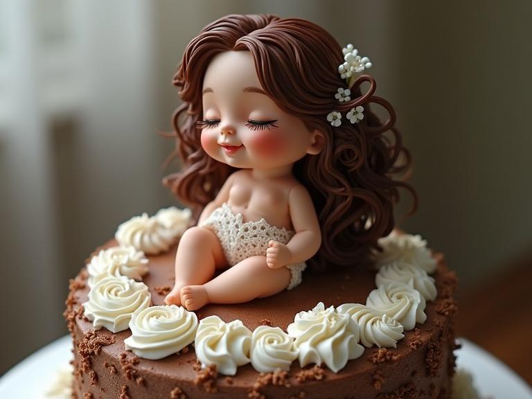 Micro brunette doll in white chocolate bikini on a large chocolate cake with cream