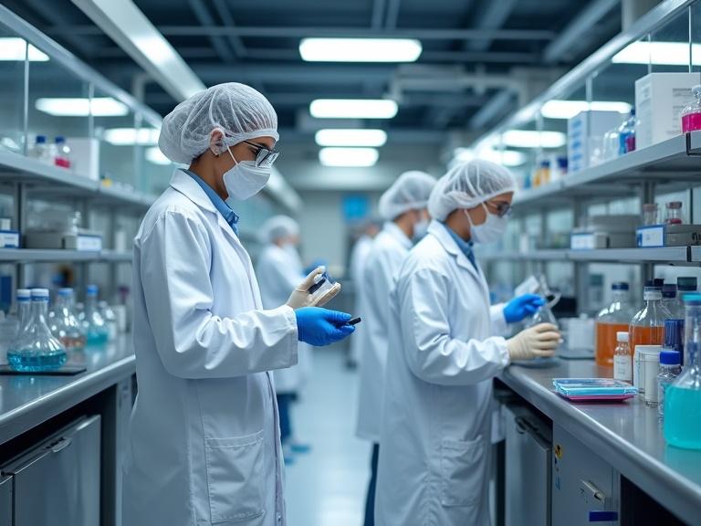 A team of skilled laboratory scientists in anti-contamination gear works in a biotech cleanroom. Environment has HEPA-filtered air, stainless steel surfaces, and anti-static floors. Equipment includes pipetting systems and PCR machines. Countertops are organized with test tubes and reagent racks. Cool LED lighting enhances visibility. Scientists focus on genomic sequencing and microbial culture analysis, using touchscreen interfaces. The setting shows innovation in pharmaceuticals with compliance protocols and environmental monitoring.