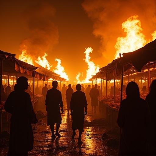 Dramatic scene of a supermarket fire at night with wooden stalls on fire. Market vendors and customers appear terrified. People in traditional clothing pass buckets of water to extinguish flames. Scattered burning goods on the ground. Close-up of a woman screaming 'FIRE!' with panic. Intense flames create high-contrast lighting.
