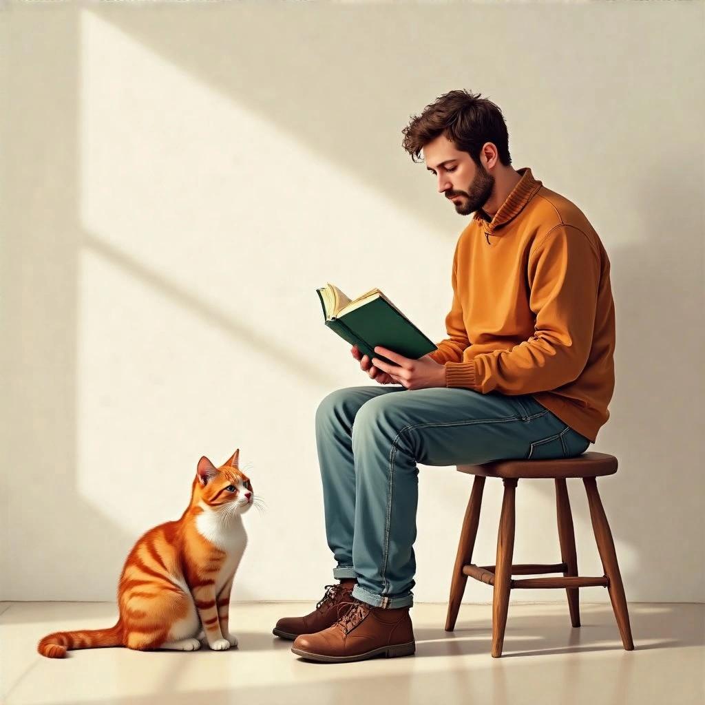 A man sits on a stool reading a book with a cat beside him. A soothing indoor setting with natural light. The man is dressed casually. The cat looks up at him.