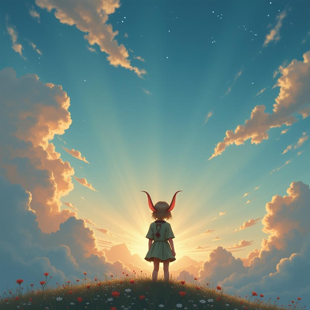 This image depicts a whimsical scene featuring a child standing on a grassy hill. The child has pointed horns and is gazing towards a radiant sunrise. The sky is filled with soft, colorful clouds, creating a magical atmosphere. Flowers dot the hillside, adding to the fantasy theme. The lighting creates a warm and inviting feel, enhancing the overall whimsy of the scene.