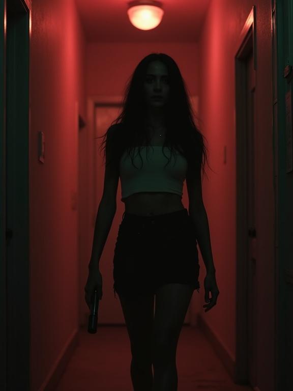 Fast pullback shot revealing a long hallway. Beautiful woman stares at the camera, frozen with fear. Dim flashlight in her hand. Red light fades while shadows grow. Claustrophobic and eerie atmosphere.