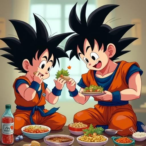 Goku and Goten are sitting on the floor. They wear orange martial arts uniforms. They are sharing food happily. Various dishes are spread before them. A bottle of drink is visible.