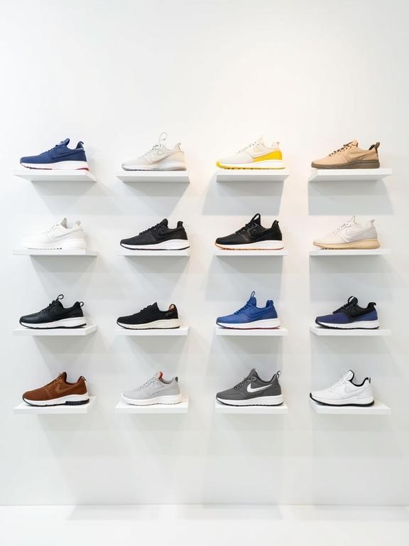 Photograph of a display shelf with multiple pairs of sneakers arranged in a vertical line on white shelves. Various colors and styles visible. Top left features blue and yellow sneakers. Top right displays white sneakers. Middle left shows brown and beige options. Middle right features black and gray designs. Bottom left includes black and white pair. Bottom right exhibits white and blue sneakers. Soft lighting enhances modern and clean design. Organized and visually appealing arrangement confirms sneaker collection identity. Minimal aesthetic for contemporary retail store display. High-quality image without watermark.