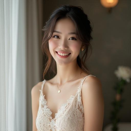 Photo taken with a Nikon. Beautiful East Asian woman with soft eyes and a gentle smile. Wearing a lace short dress. Exudes charm and allure. Composition radiates elegance and charm.