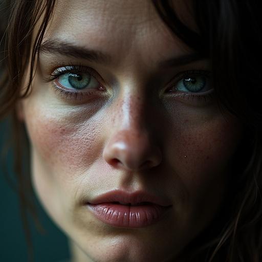 Close-up shot of an individual with striking blue eyes and noticeable skin details. Natural lighting accentuates facial expressions and features.