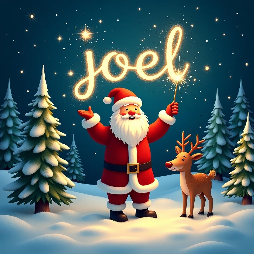 Image of Santa Claus in snowy landscape. He holds a sparkler spelling 'joel' in the sky. Evergreen trees are nearby. A reindeer stands beside him. Magical glow and twinkling stars create a festive feeling.