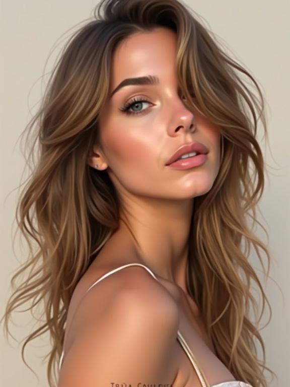 Convert photograph to high-quality digital painting. Semi-realistic illustration style with smooth airbrushed finish. Professional portrait painting technique used. Soft diffused lighting is applied. Warm color palette enhances the image. Facial features are rendered in detail. Hair flows with natural movement. Realistic skin texture shows subtle highlights and shadows. Background is clean and neutral. The art style is contemporary digital with a polished finish. Detailed rendering incorporates artistic interpretation while maintaining realistic proportions and natural beauty.