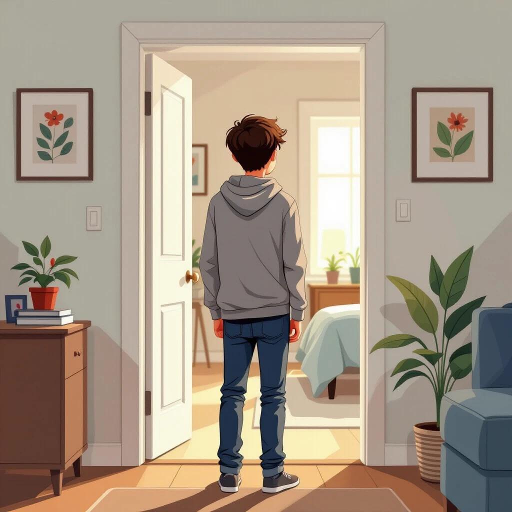 A teenager boy stands in the door frame of a room viewed from behind. The boy wears casual clothes. The illustration is in a 2D style. The room features plants and a soft-lit ambiance.