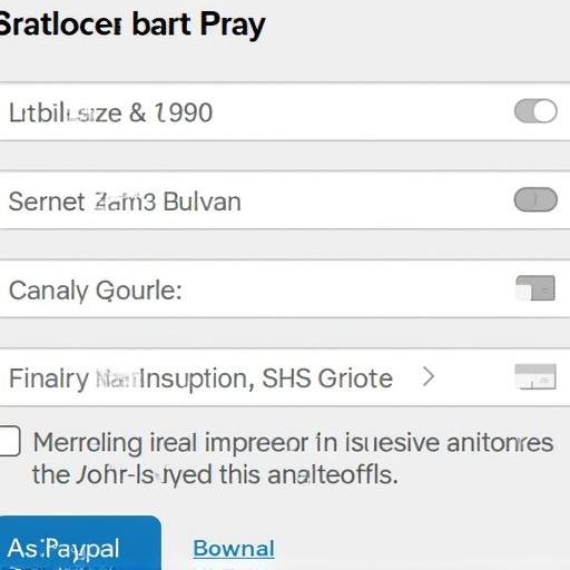 Show a PayPal transaction process in a digital interface. The screen displays various options like settings and transaction details. The text appears partially obscured. The PayPal logo is visible. The intention is to illustrate a digital payment method.