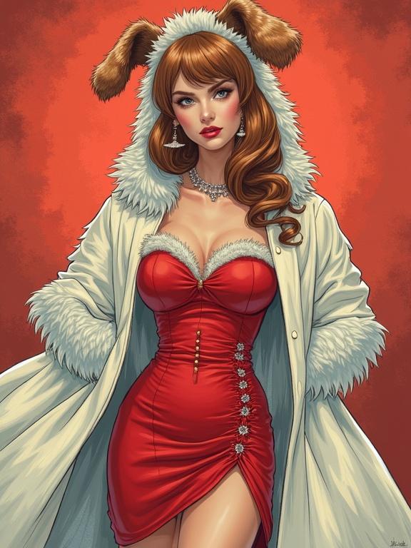 A comic style image of a dog girl bride wearing a sultry red mini dress with a low neckline. A fur-trimmed coat enhances the look. The hairstyle features flowing brown hair. The character is presented in a playful and cheerful manner against a bright background.