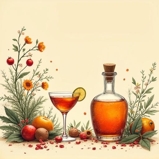 Minimalistic artwork with bold strokes and clean style. Depiction of a sunny orchard with blooming herbs and fruits. Woman holds cocktail glass at chest level. Apothecary bottle filled with shimmering elixir nearby. Elegant hang tag with name 'ALFRUNO'. Set against beige background. Evokes fantasy and nostalgia.