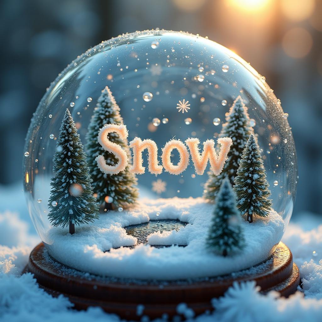 A magical snow globe with the word 'Snow' formed from snowflakes. Tiny evergreen trees are covered in snow surrounding a frozen lake. Snowflakes swirl around the scene with a warm glow from the setting sun adding to the atmosphere.