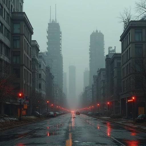 A city street seen in a post-apocalyptic setting. Buildings loom under thick fog. Wet pavement reflects the few lights. An eerie silence permeates the environment.
