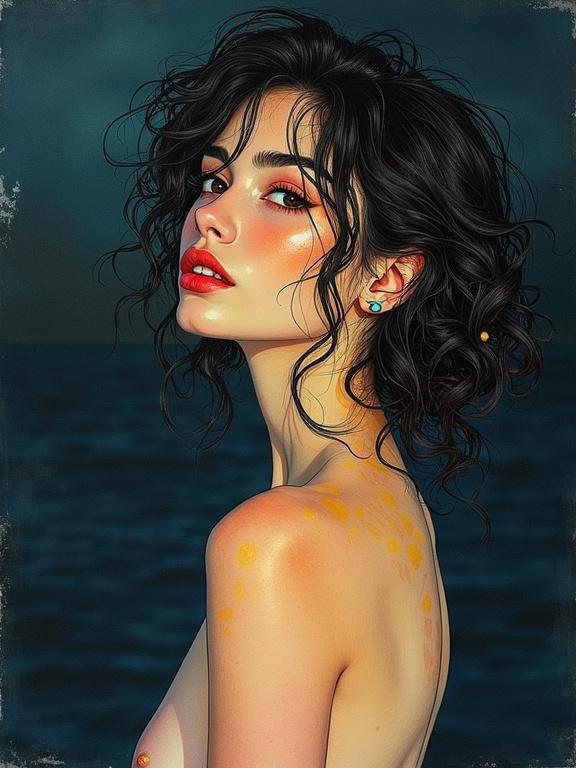 A close-up portrait of a naked young woman with loose waves styled hair. Dark and shadowy background. Features expressive hand-drawn details in vibrant watercolor tones of 1990s manga art. Precise linework and fluid color transitions celebrating striking features. Luminous effect created by saturated hues against dark background. Hand-drawn illustration with watercolor effects in French comic art style. Thick black paint and fluorescent yellow-green for luminescent scales. Mixed media technique with impasto textures. Evening ambiance with high contrast and desaturated blues