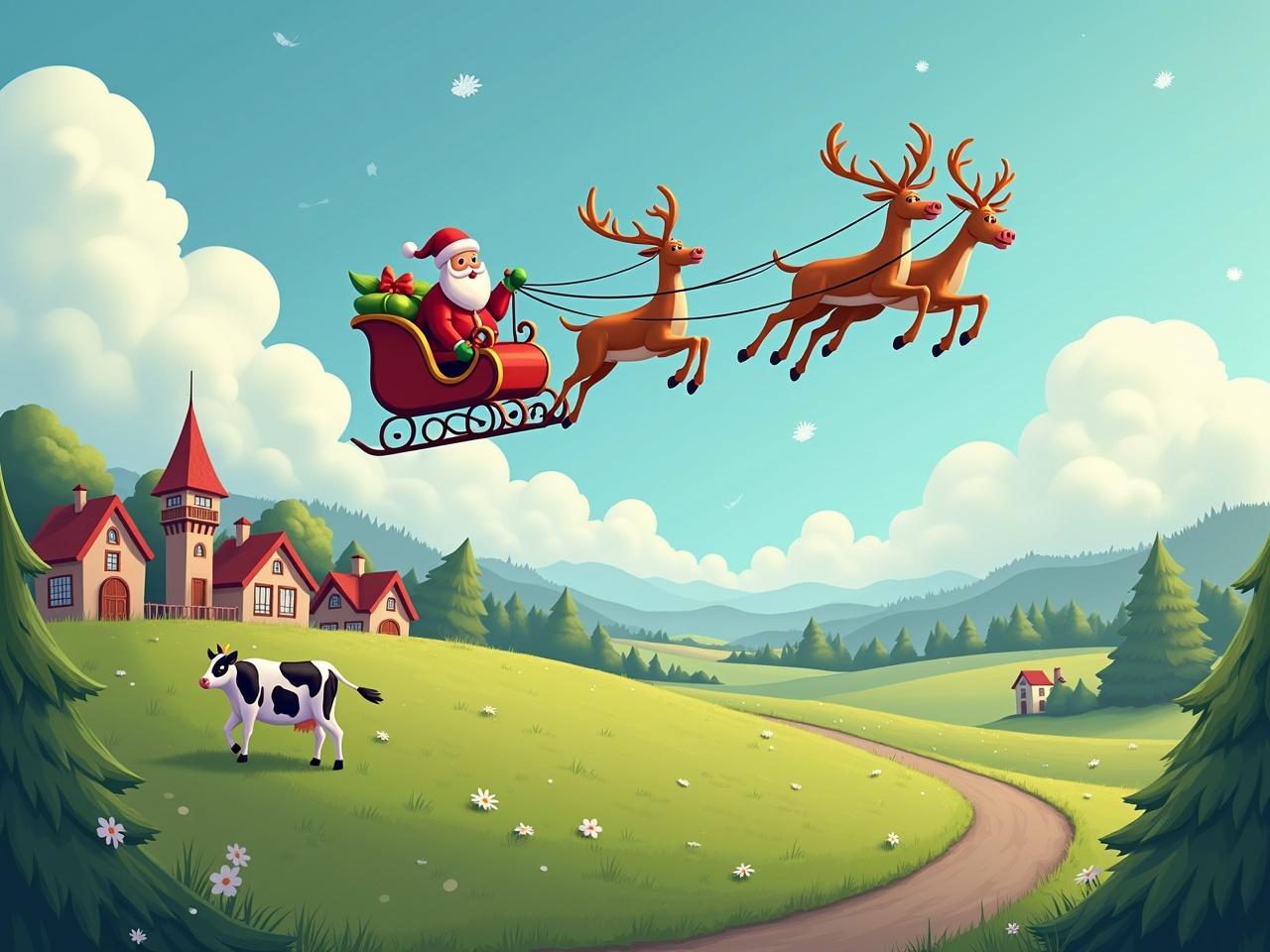 Santa on his sleigh being pulled by reindeers flying over a town. Town is polluting. Nearby lush field with a cow. Cartoon style.