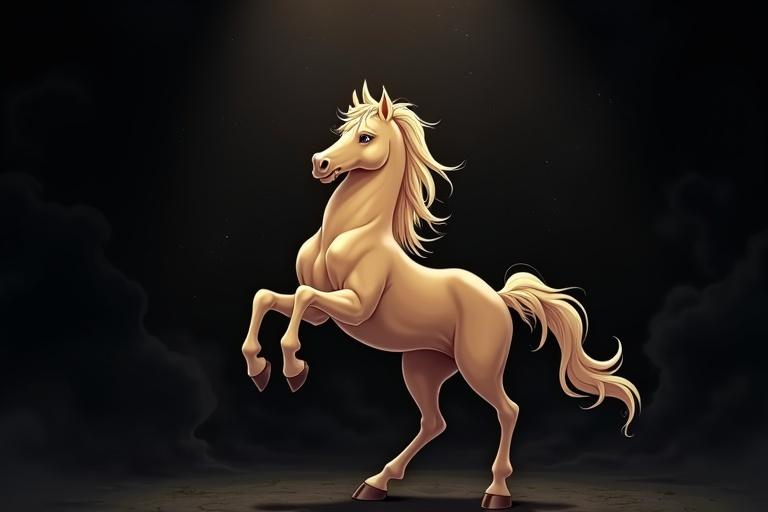 A palomino horse in anime style rears up dramatically against a dark, swirling background. The horse has flowing mane and tail. The background is filled with shadows and mystery.