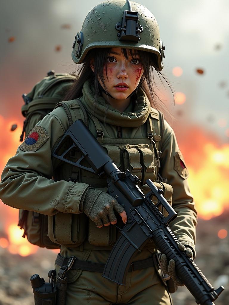 A digital artwork of a Japanese female soldier in combat gear. She holds a rifle and wears a tactical vest and helmet. Surrounding explosions and smoke create a chaotic battlefield atmosphere. The soldier's expression reflects emotions of anger and sorrow. The scene shows gritty realism, with dynamic action and detailed textures of her uniform and environment.