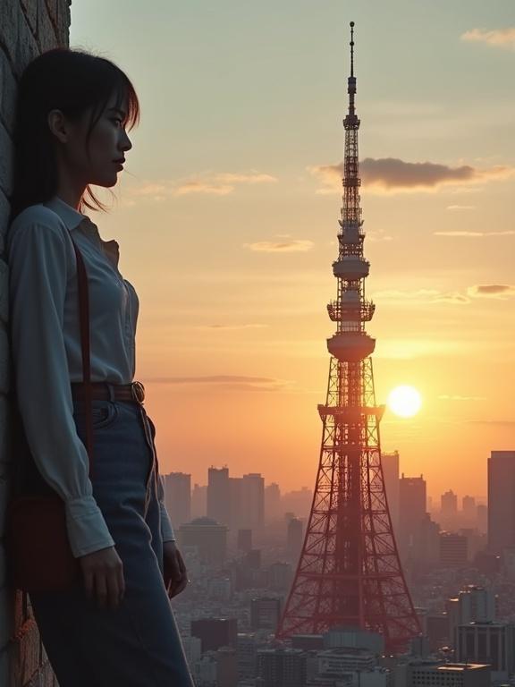 A woman leans against a wall near Tokyo Tower. Evening sunset creates warm colors in the sky. Scene captures calm atmosphere with long shadows and gentle light.