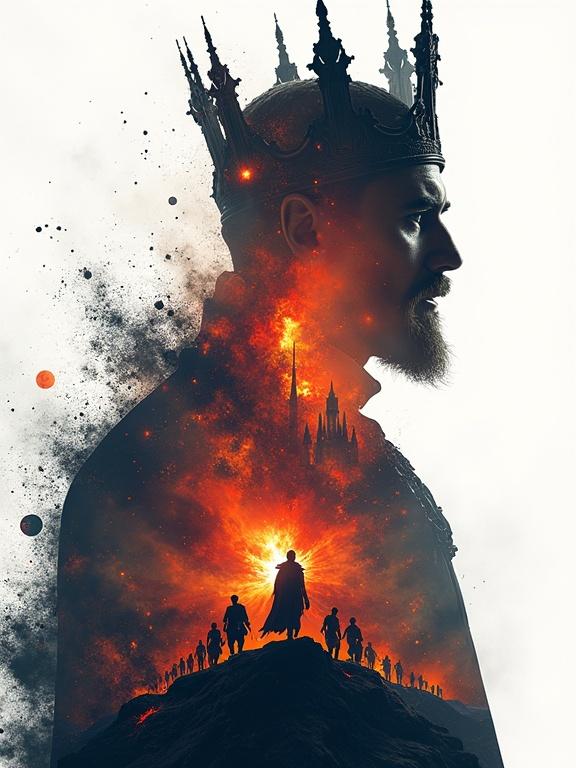 Double exposure illustration features a sinister silhouette of a corrupt king. Background shows chaotic scenes with blazing castles and soldiers. Intricate details outline the silhouette. Vibrant colors contrast with bright backdrop. Hyperdetailed 8k resolution visual captures essence of dark chaos.