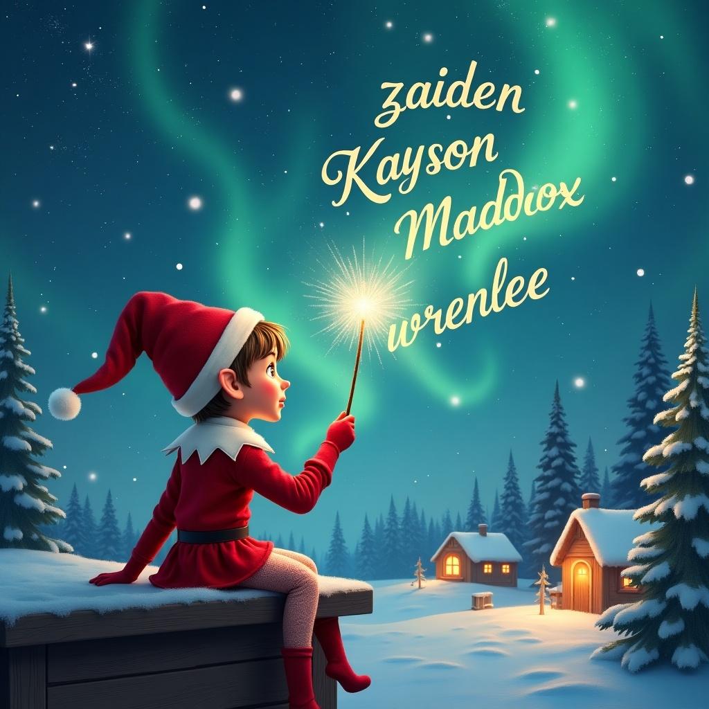 An elf sits on a wooden ledge with its back to the camera, gazing at a magical sky. The elf is dressed in a red outfit with a pointed hat, holding a sparkling wand. With the wand, the elf writes the names 'zaiden,' 'Kayson,' 'Maddox,' and 'wrenlee' in the starry sky. The background features a snowy landscape with charming little houses and evergreen trees under the shimmering Northern Lights. This whimsical scene captures the essence of childhood magic and Christmas cheer.