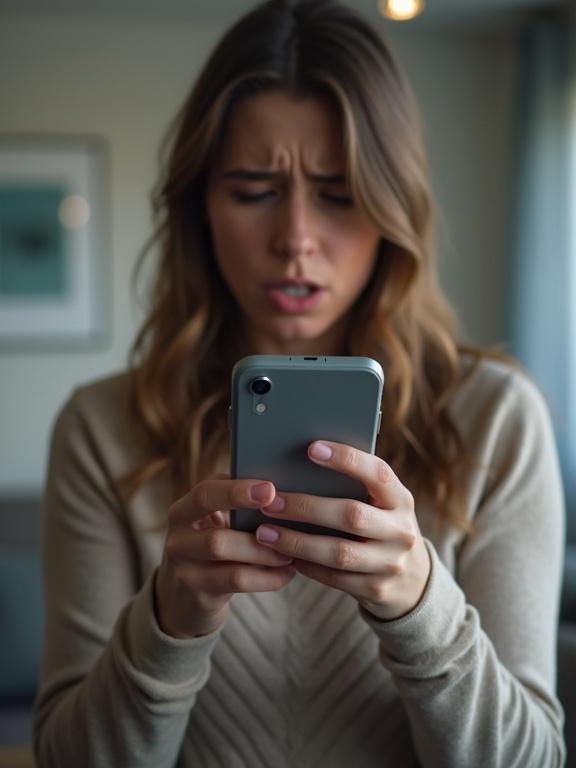 A worried person holding a smartphone with empty hands. The person shows an anxious demeanor. The background features a modern room. Natural light illuminates the scene.
